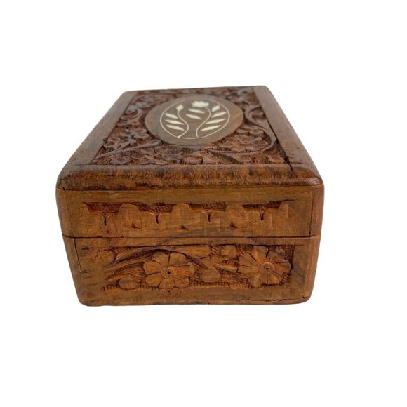 Vintage Wood Trinket Box Hand Carved Inlay Jewelry Box Storage - Picture 6 of 9